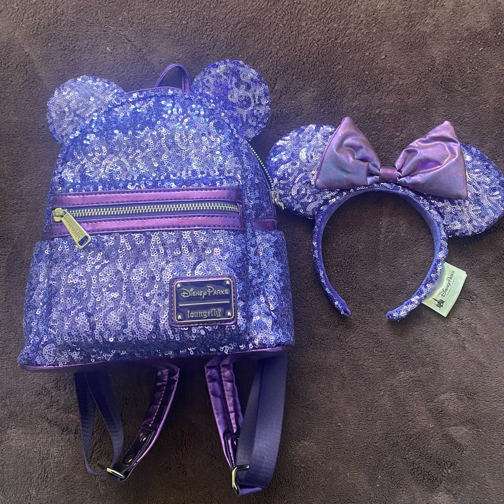 COPY - Loungefly Disney purple sequin backpack and matching ears